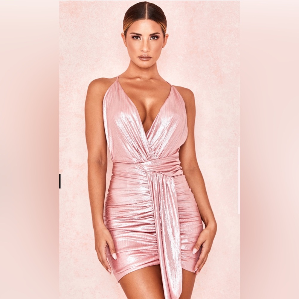 House of CB Pink Metallic Ruched Mini Dress